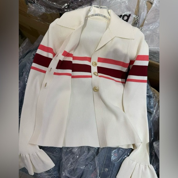 NWOT Self-Portrait CREAM STRIPE VISCOSE KNIT BUTTON TOP - Picture 7 of 8